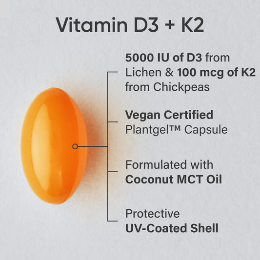 Vitamin D3 K2 With Coconut Oil Plant Based Vitamin K2 MK7 Vegan D3 5000iu Vegan Certified, Soy Gluten Free - 60 Count Softgels